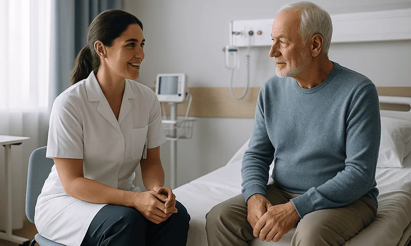 Nurse and elderly patient having a friendly conversation in hospital room.