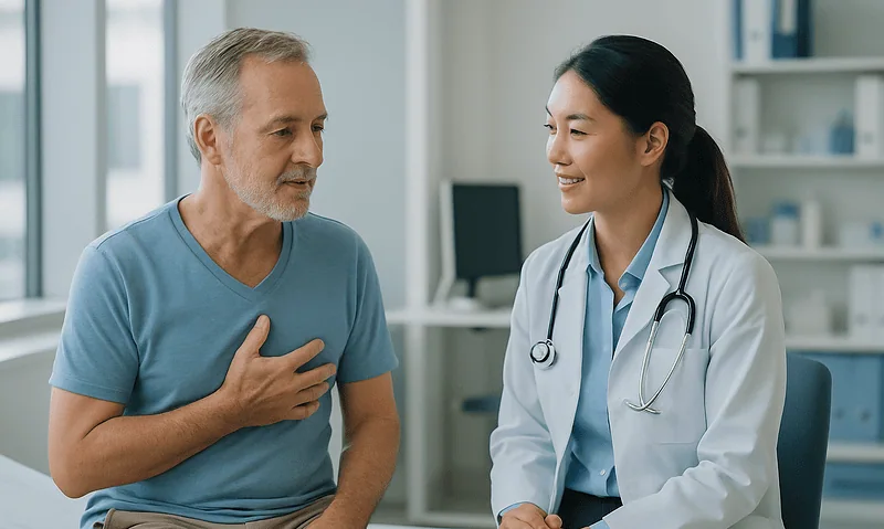 Doctor consulting with a male patient about heart health in a clinic.