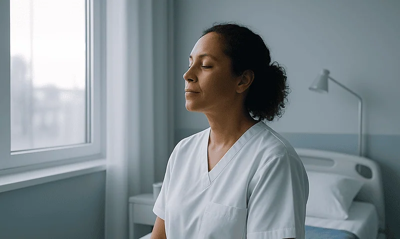 Healthcare professional meditating in a hospital room for stress relief.