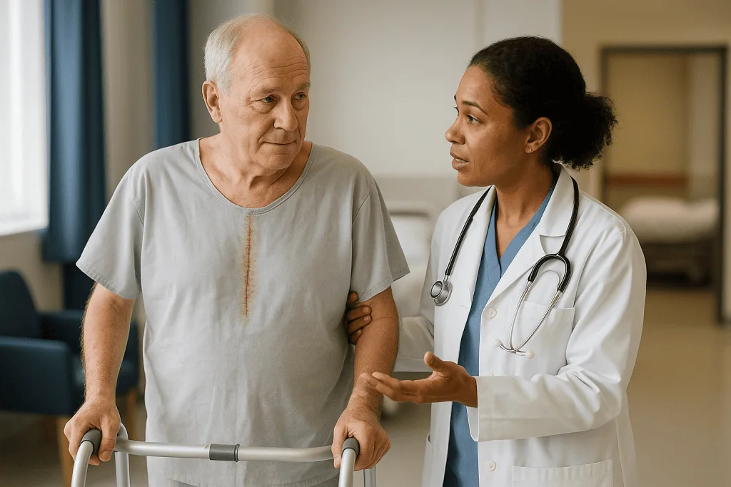 Doctor consulting elderly male patient with walker indoors: Days 2 to 7 on the ward: tubes out, walking, and the rhythm hicc