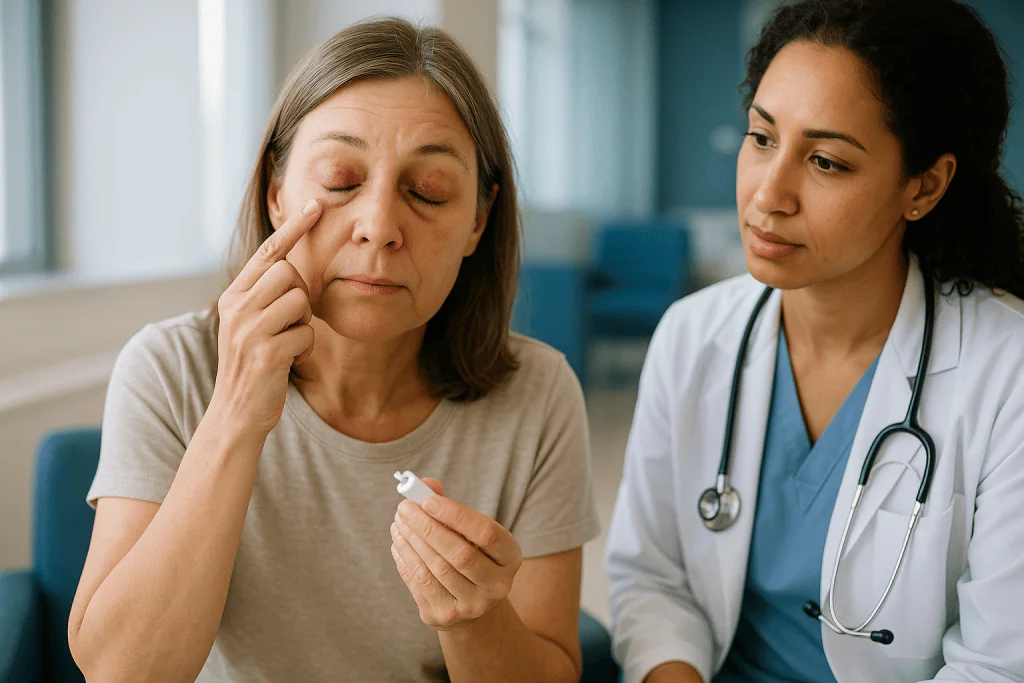Doctor consulting with patient about eye concern: Days 3 to 7: bruising, ointments and what they actually do