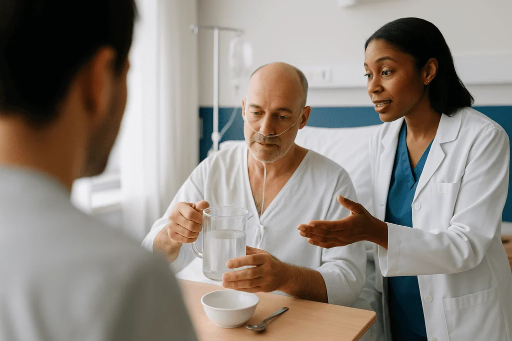 Medical consultation with patient holding water glass: Days 3 to 7: the hospital week