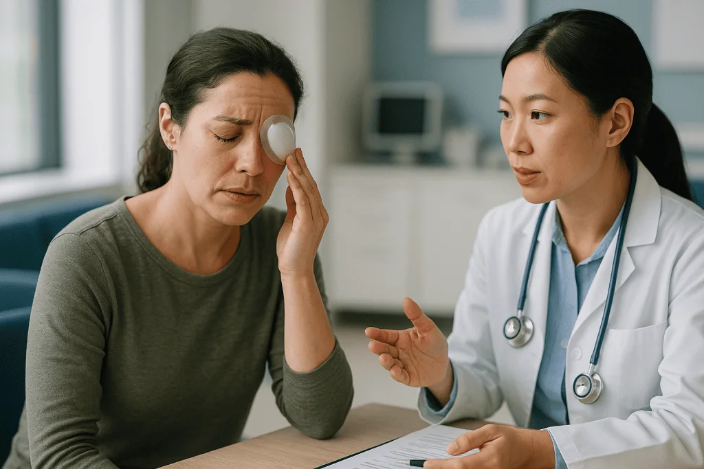 Doctor consulting with patient about eye or vision concerns: Days one to three: soreness, watering and light sensitivity