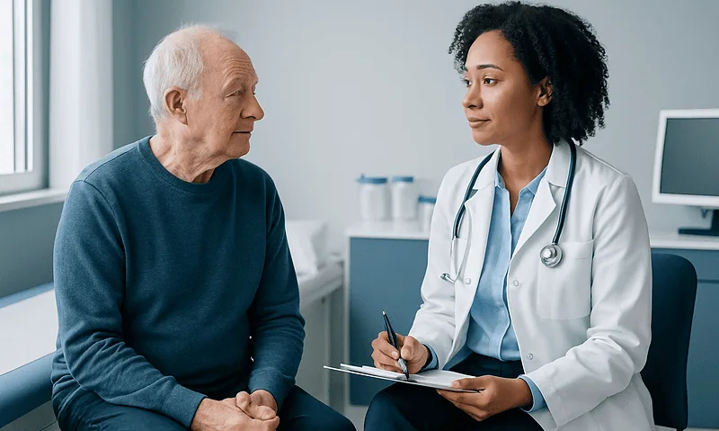 Doctor consulting with elderly patient in a medical office.