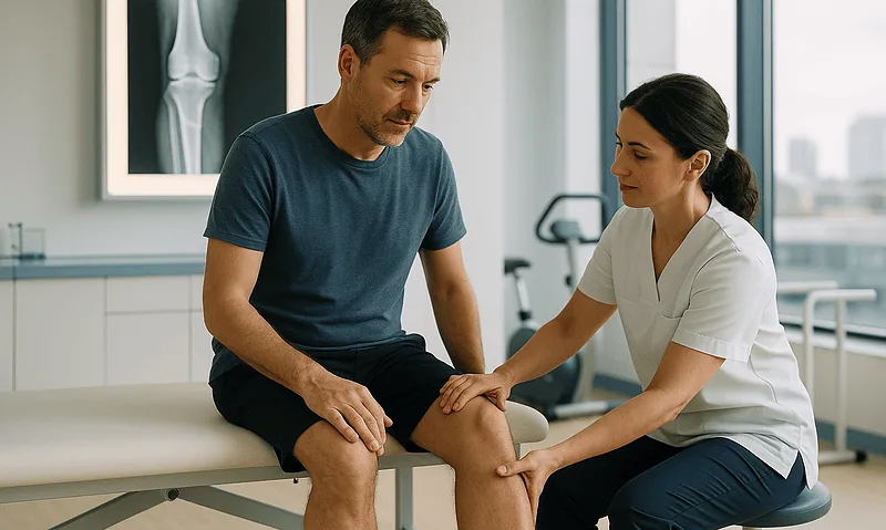 Doctor examining patient's knee in a medical clinic setting.
