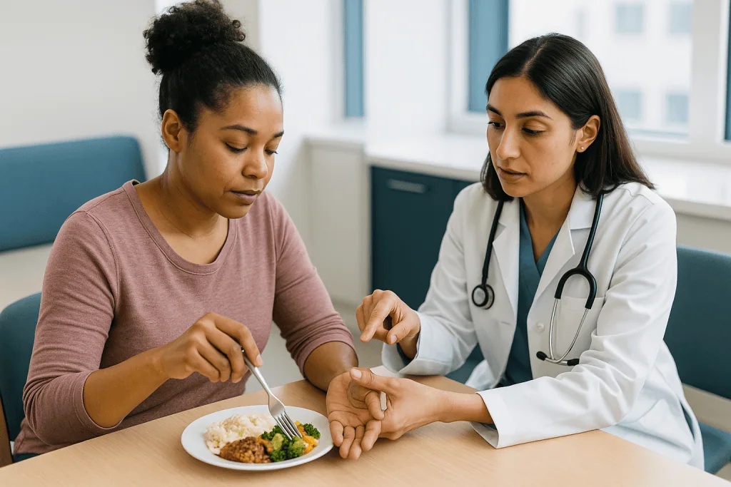 Doctor consulting patient about nutrition and diet: De Quervain's release surgery vs trigger finger release: how the two com