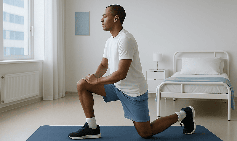 Man performing a lunge exercise in a bright, modern room.