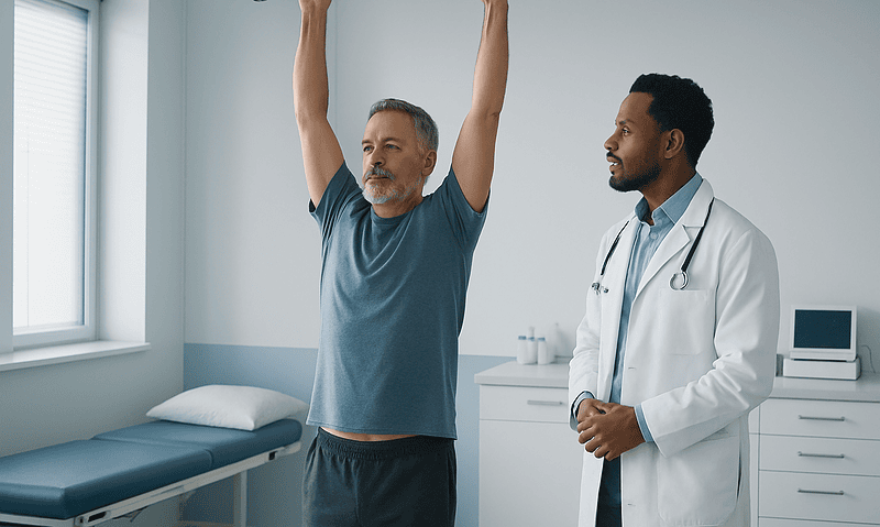 Man performing dead hang exercise with doctor observing in clinic.