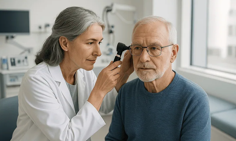 Audiologist examining elderly man's hearing with a device in a clinic.