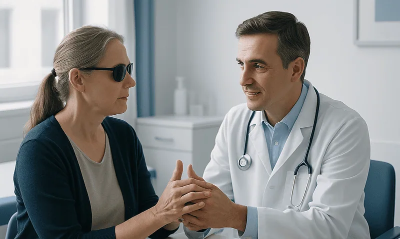 Doctor comforting a patient in a consultation room.