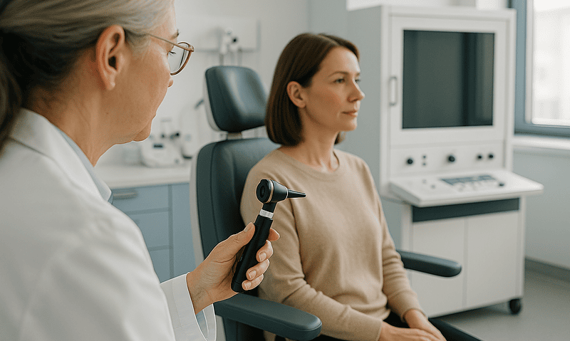 Doctor examines patient with medical device in a clinical setting.