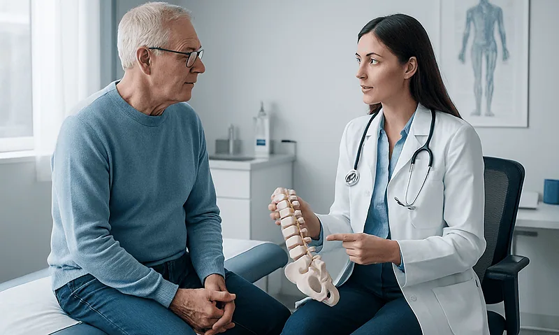 Doctor explaining spinal anatomy to an elderly patient in a clinic setting.