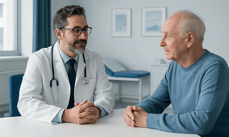 Doctor consulting with elderly patient in a medical office.