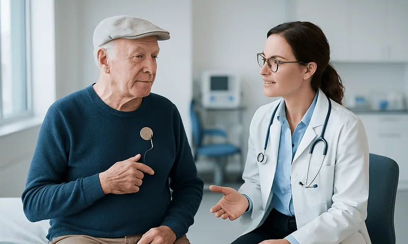 Doctor discussing treatment options with elderly patient in clinic.