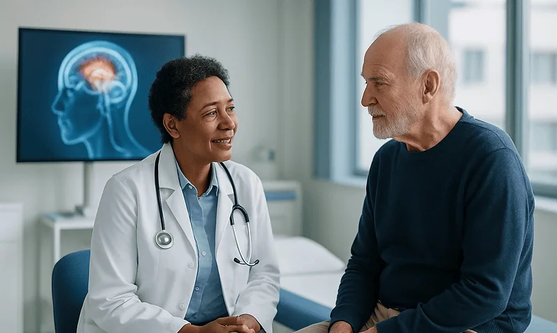 Doctor consulting with a patient about brain health in a modern clinic.