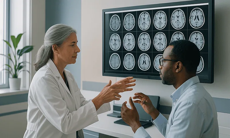 Neurologist explains brain scan results to patient in a medical office.