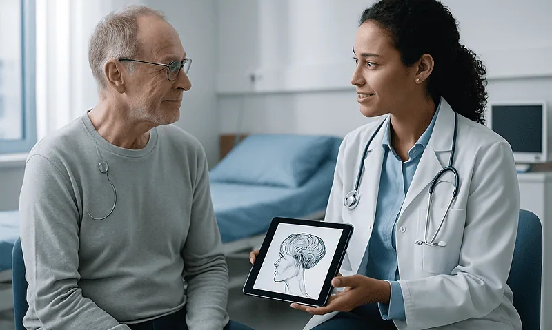 Deep Brain Stimulation: What It Is and How Long It Lasts 4 Doctor explaining deep brain stimulation to elderly patient with brain diagram.