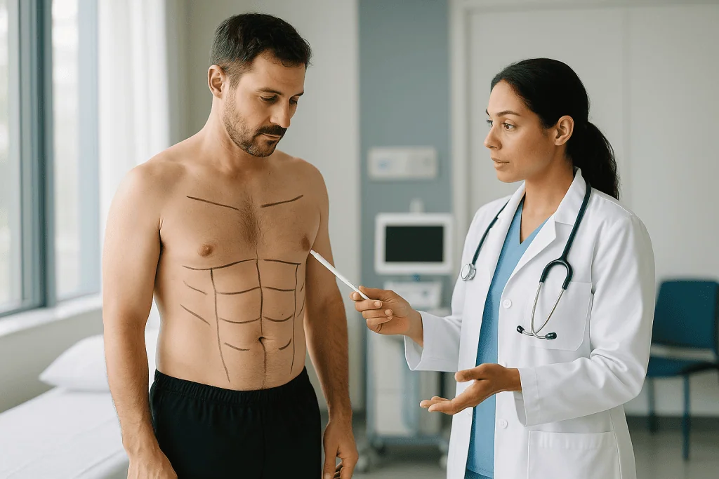 Doctor examining patient's torso with surgical markings: Deep layer, superficial layer, and where energy-assisted devices fi