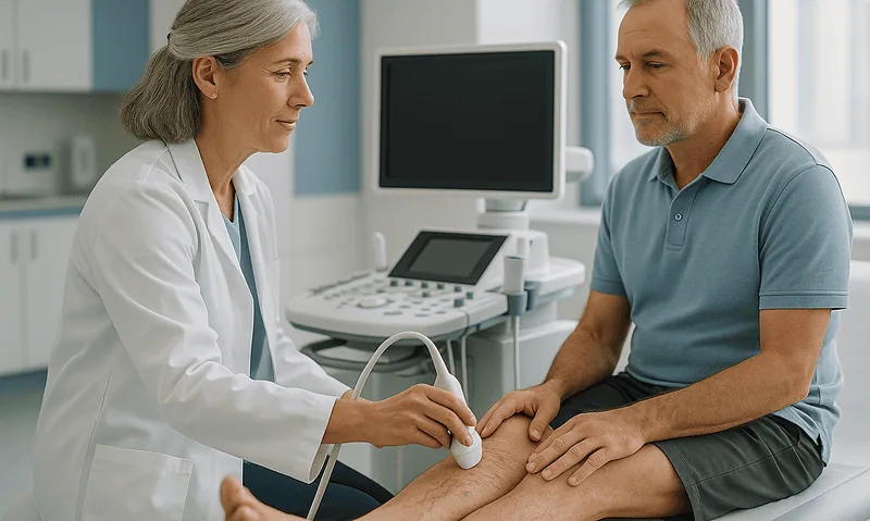 Doctor performing an ultrasound examination on a patient's leg in a medical clinic.