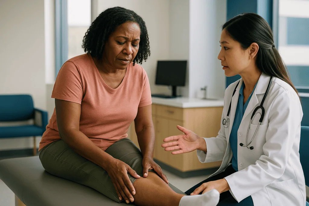 Doctor examining patient's leg during consultation: Deep vein thrombosis and pulmonary embolism: leg and lung warning signs