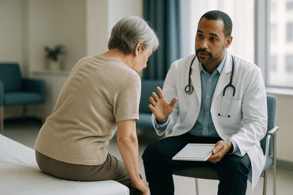 Doctor consulting with elderly patient using tablet: Deformity: scoliosis, kyphosis and the tipping point for surgery