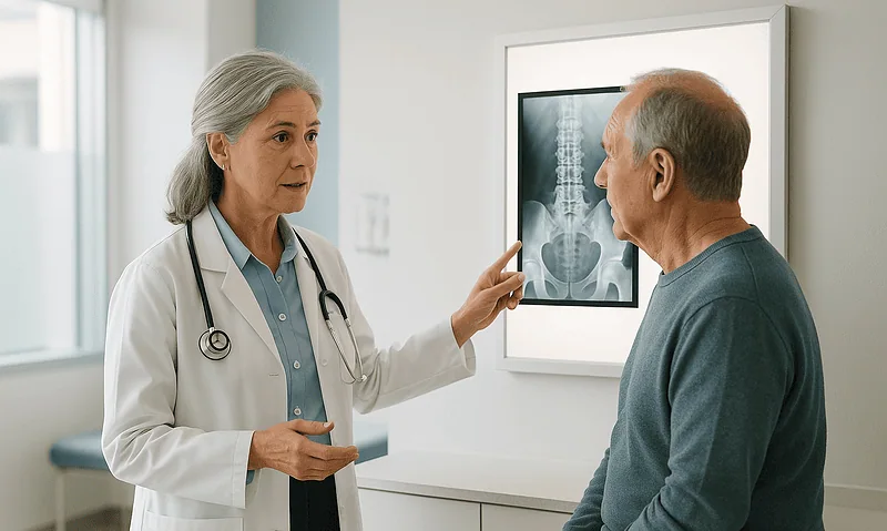 Doctor explaining spinal X-ray to an elderly patient in a clinic setting.