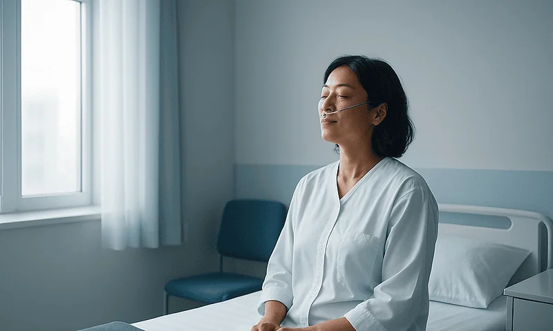 Woman in hospital bed meditating with oxygen tube, health and wellness focus.