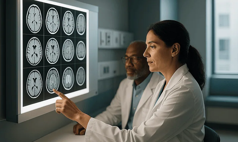 Doctors analyzing brain MRI scans for dementia diagnosis at Acibadem Hospital.