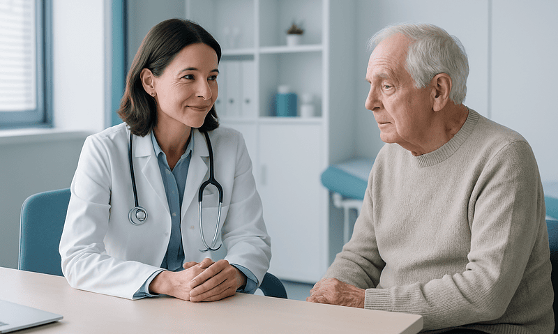 Doctor consulting with elderly patient in a medical office.