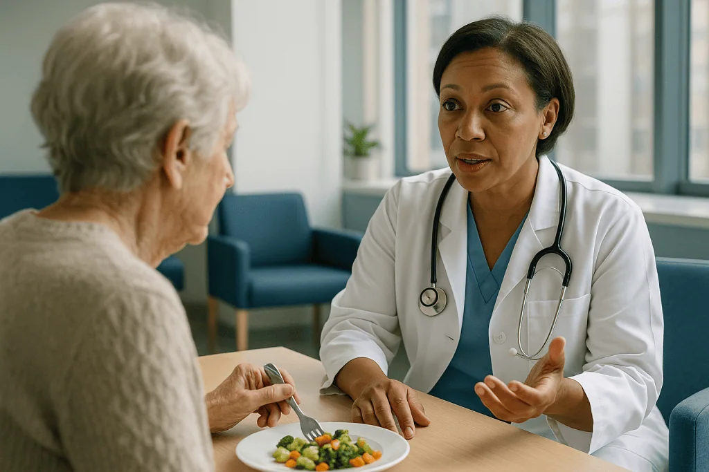 Doctor consulting elderly patient about nutrition and diet: Dementia vs Alzheimer's treatment: why the cause decides the pla