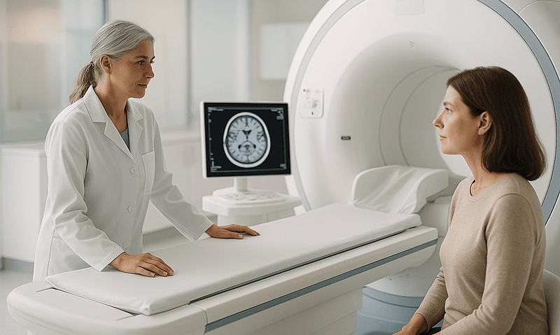 Medical professional discussing brain scan with patient in MRI room.