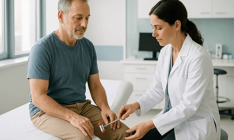 Doctor examining patient's knee in a medical consultation room.