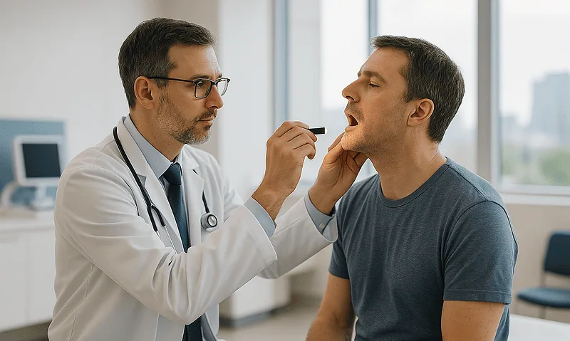 Doctor examining patient's throat in a medical consultation room.