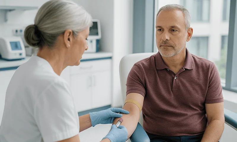Doctor administering a blood test to a male patient in a clinical setting.