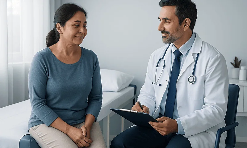 Doctor consulting with a female patient in a medical office setting.