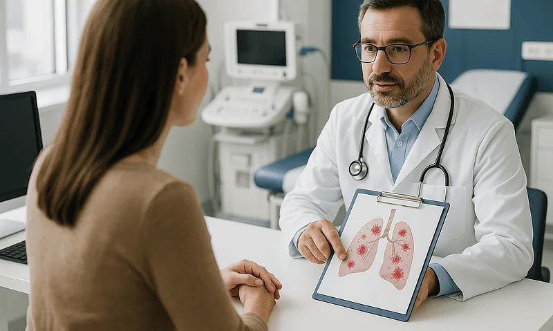 Doctor explaining lung scan to patient in a medical consultation.