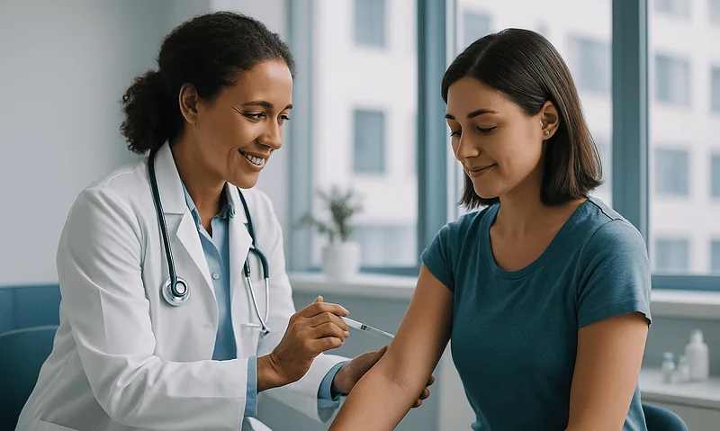 Doctor administering vaccine to a young woman in a clinical setting.