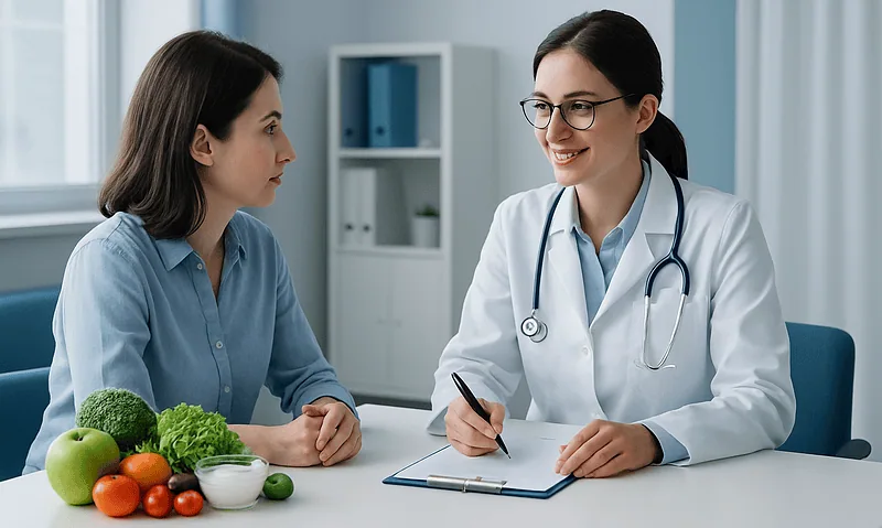 Doctor consulting with patient about breast health and nutrition.