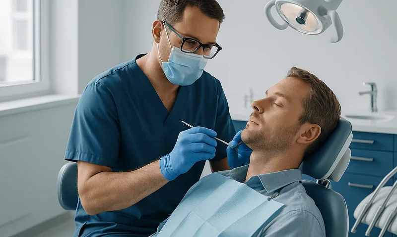 Dental Bone Graft Recovery: Healing Stages From Surgery to Implant-Ready 4 Dentist performing a dental procedure on a patient in a clinic setting.