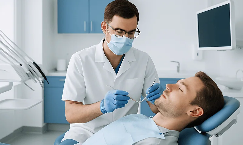 Dentist examining patient's teeth in a modern dental clinic.