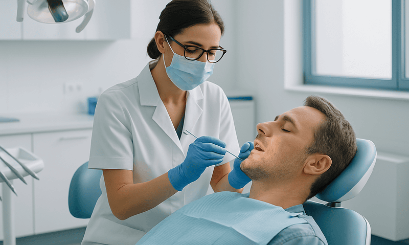 Dentist examining patient's teeth in a dental clinic setting.