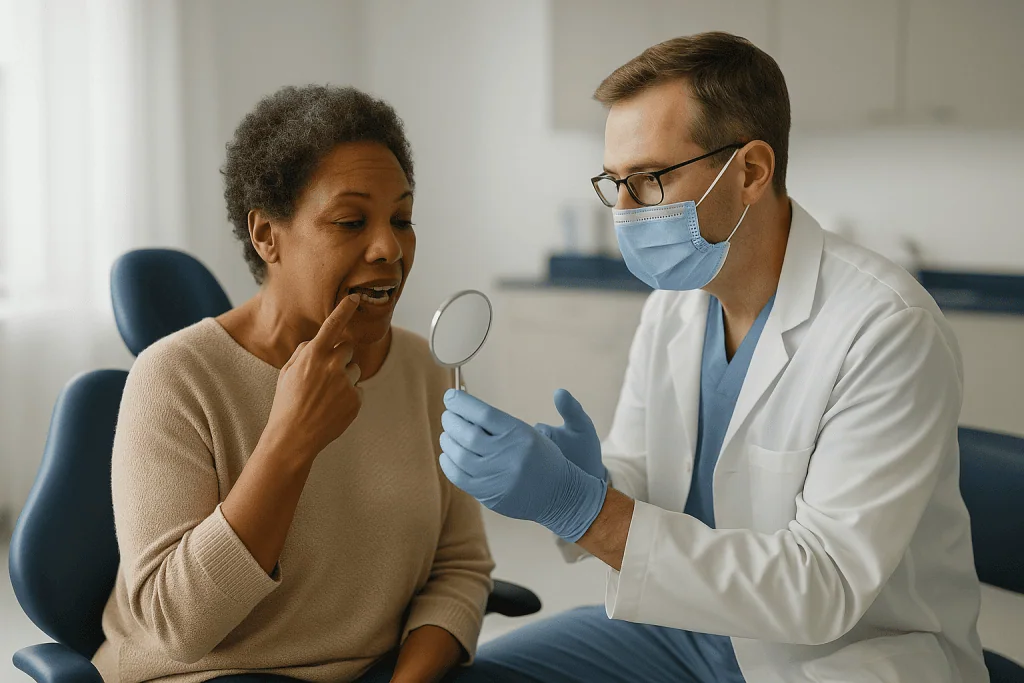 Dentist examines patient's mouth with mirror — Dental bridge steps begin with the first appointment: checking the anchor teet