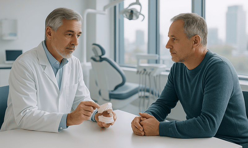 Dentist explaining dental health to a patient in a modern clinic.
