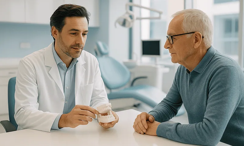 Dentist explaining dental model to senior patient in clinic.