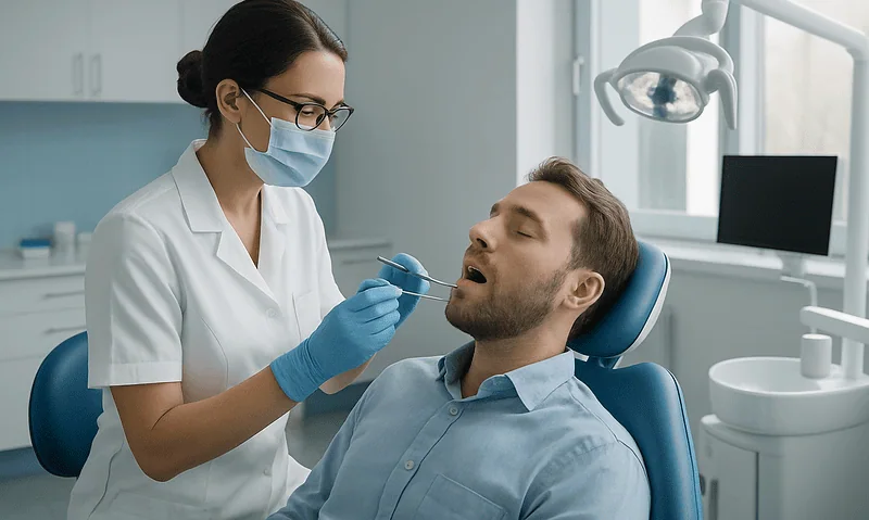 Dentist performing a dental examination on a patient in a clinic setting.