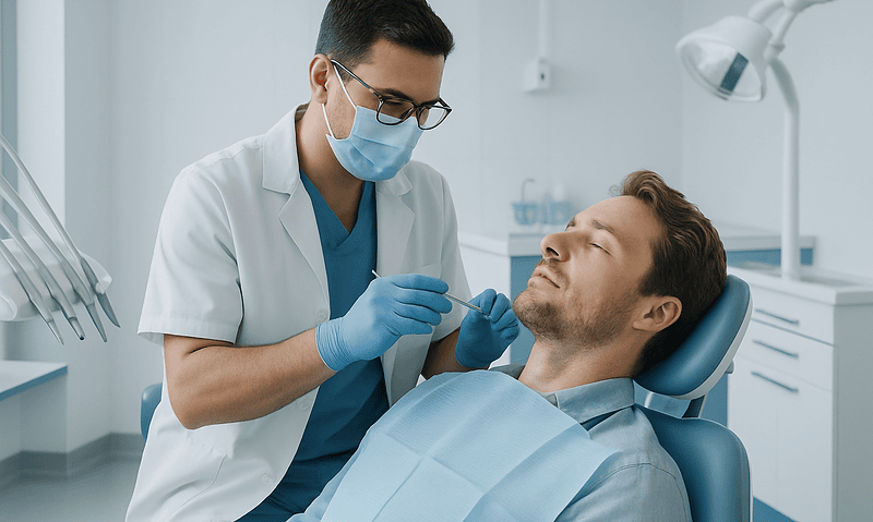 Dentist examining patient's teeth in a dental clinic setting.