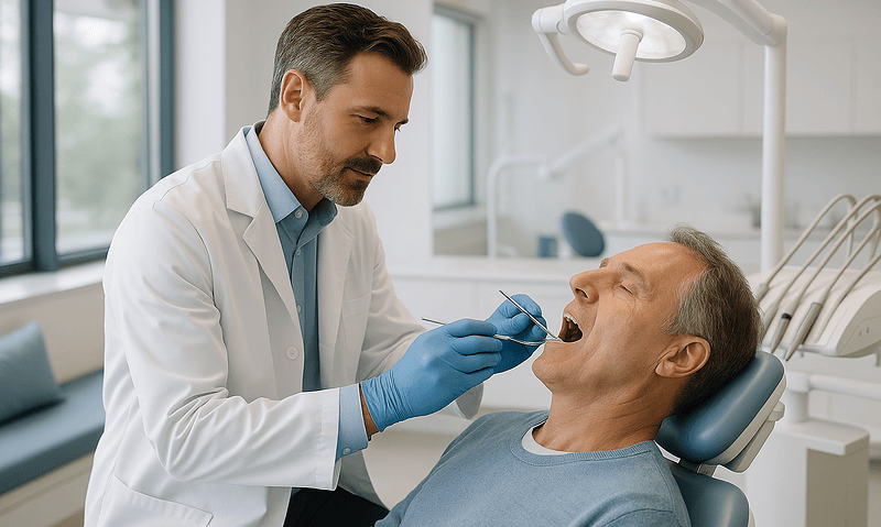 Dentist examining patient's teeth in a modern dental clinic.