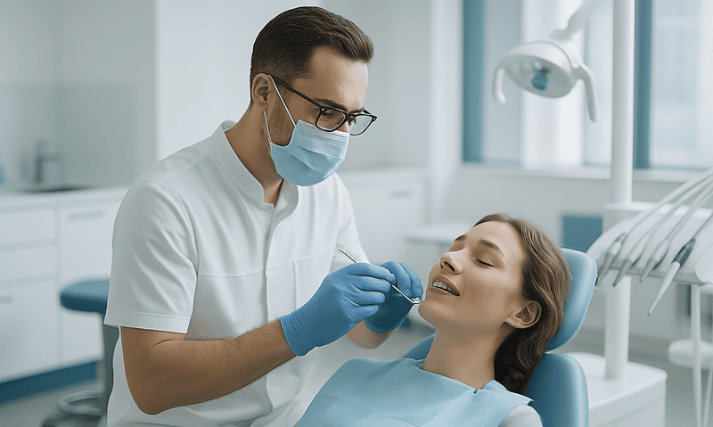 Dentist performing dental cleaning on a patient in a modern clinic.