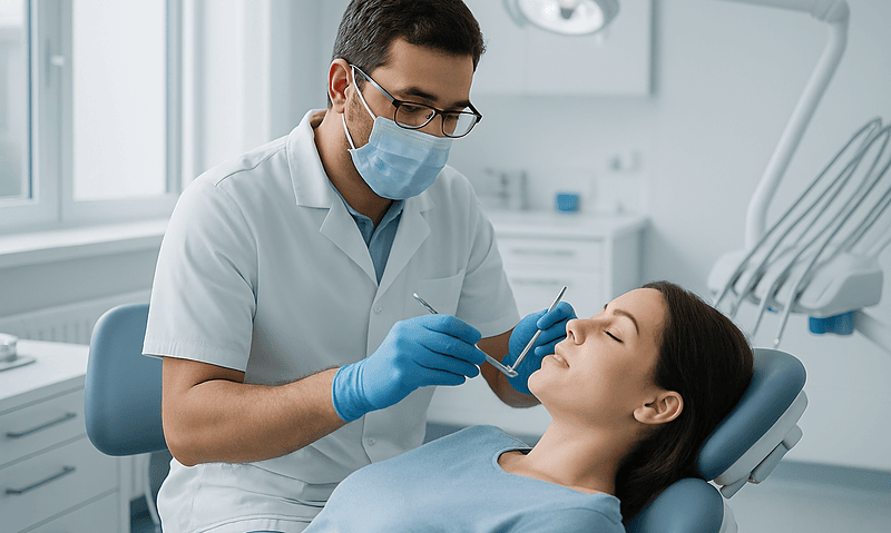 Dentist performing a dental examination on a patient in a clinical setting.