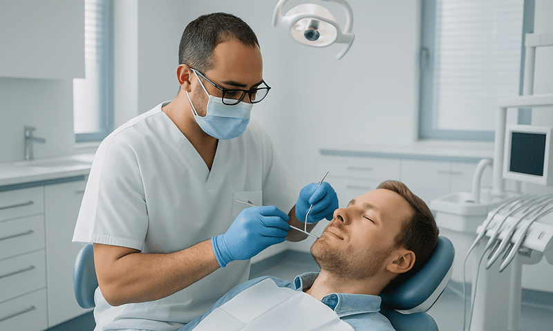 Dentist performing dental procedure on patient in clinic.
